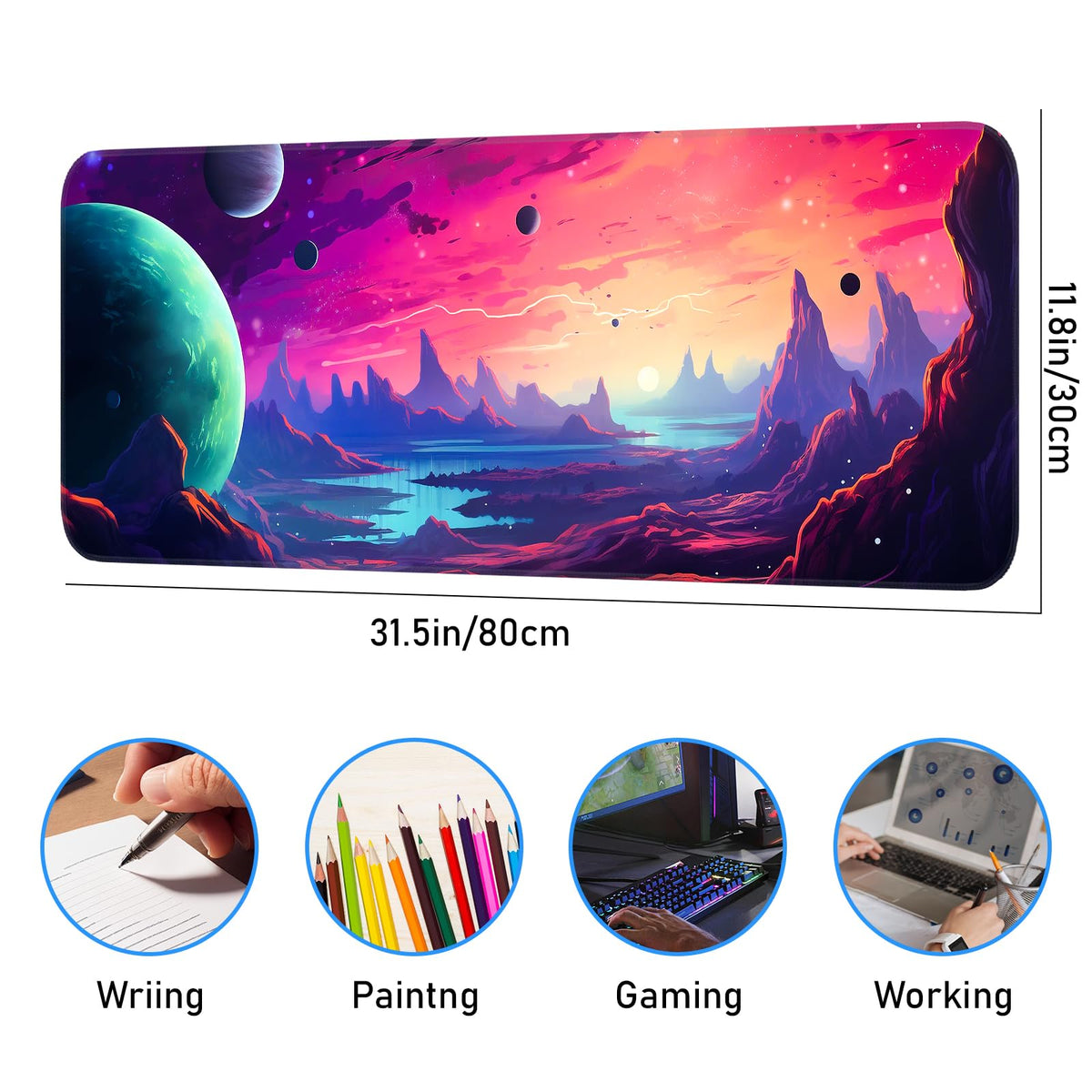 Opiuoezi Gaming Mouse Pad, Non-Slip Rubber Base, Stitched Edges, 31.5x11.8 Inch Large Mouse Pad for