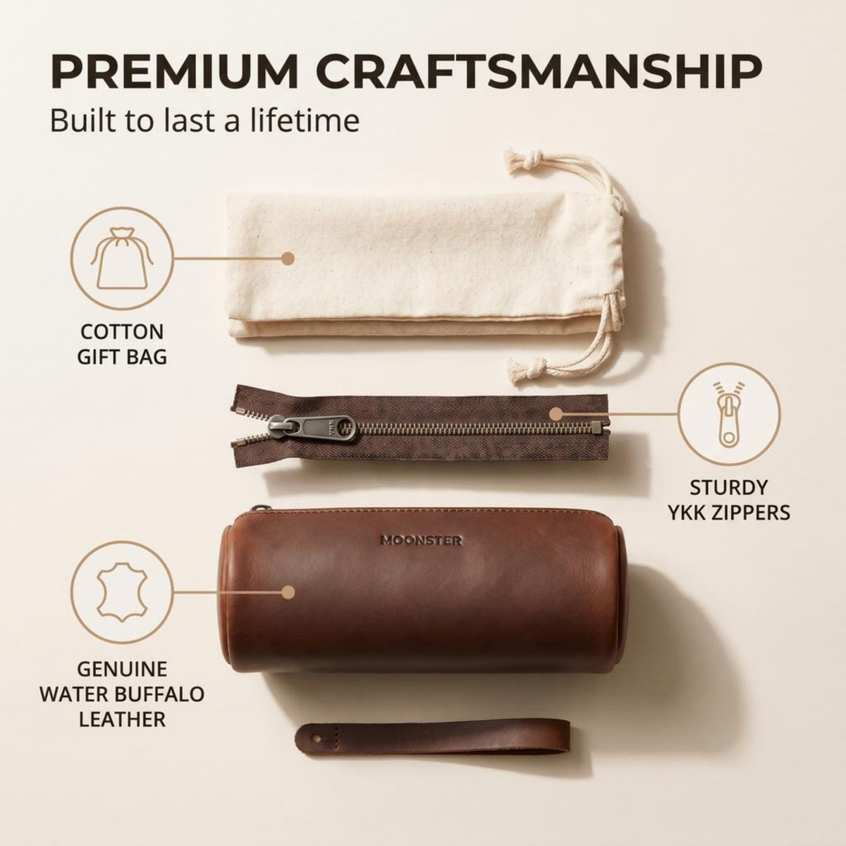 moonster Full-Grain Buffalo Leather Pen Case, 8x4 Inch, YYK Zipper, Linnen Interior, 6" Stainless