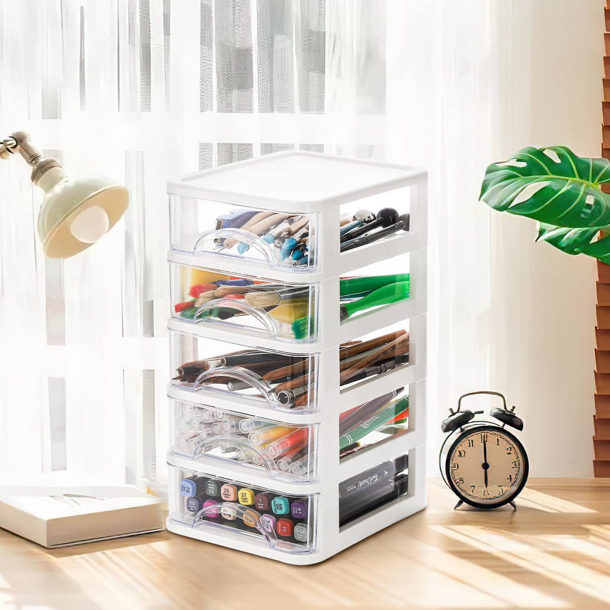 Hedume Desktop Drawer, Clear 5 Drawer Desktop Storage Unit, White Frame with Clear Drawers, Drawer