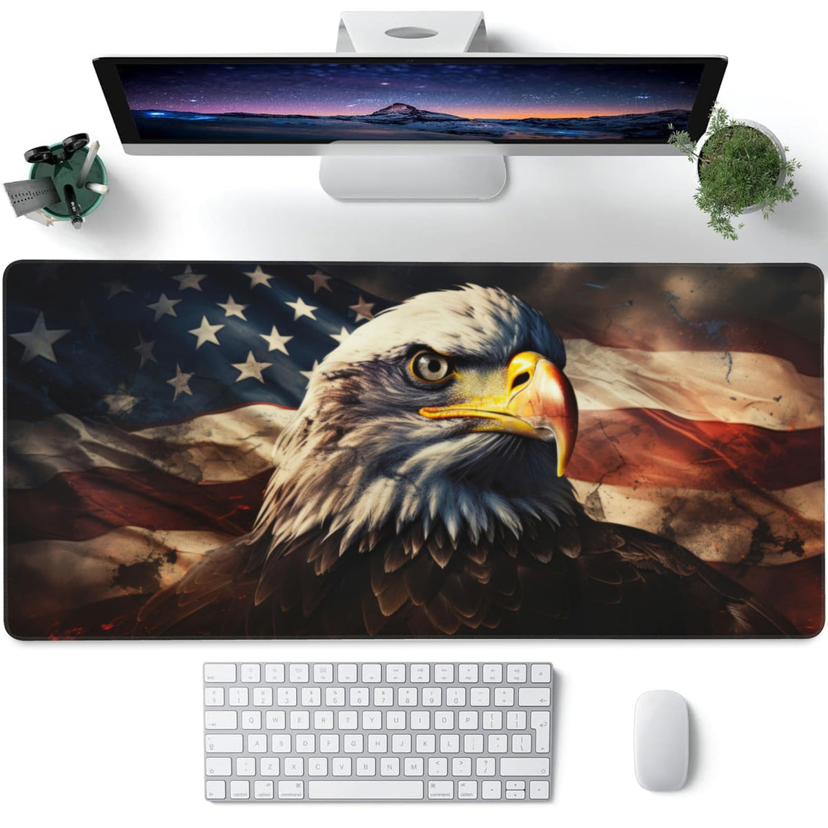 Desk Mat,American Bald Eagle Large Gaming Mouse Pad for Desk XXL,USA Flag Eagle Desk Pad,Extended