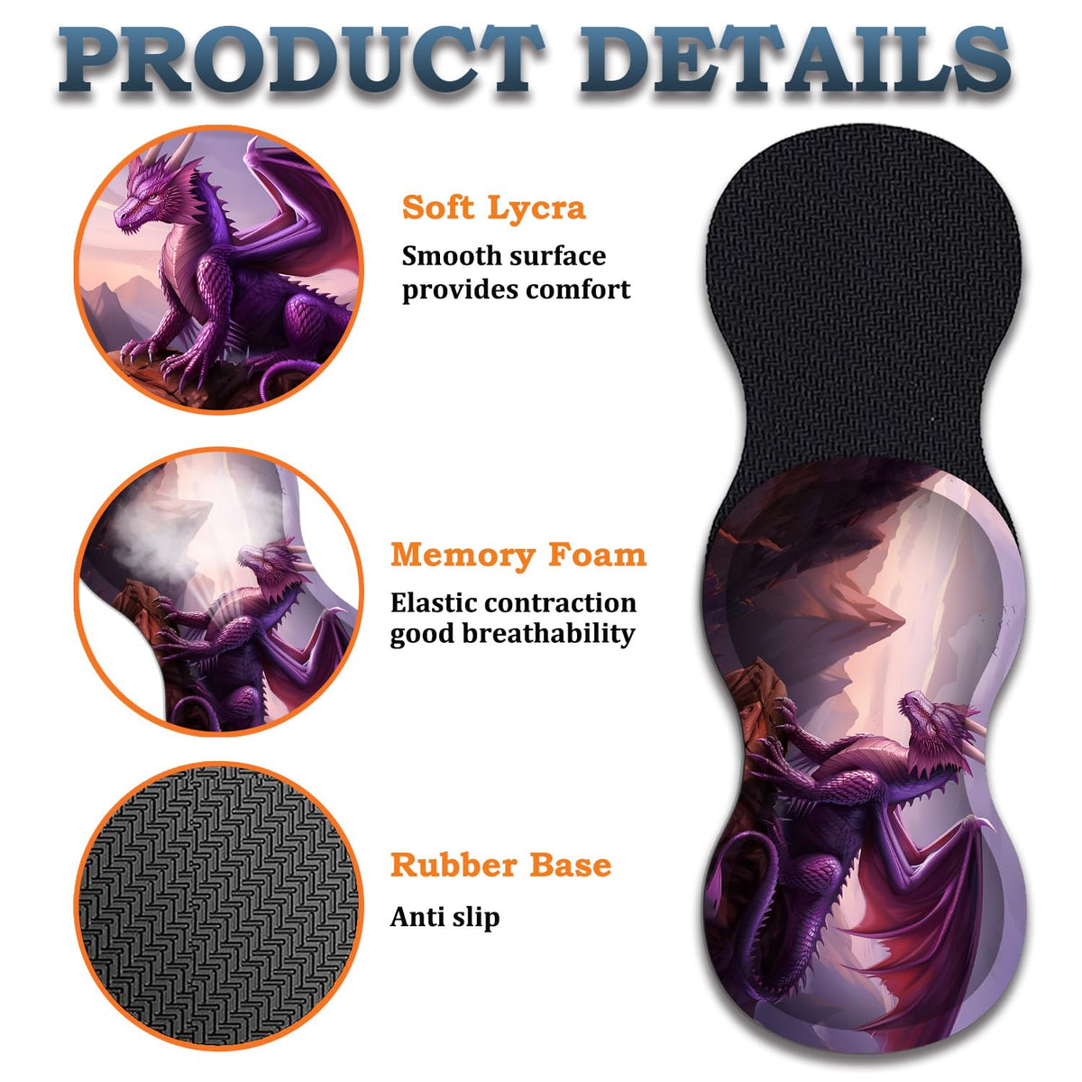 3-Piece Purple Dragon Mouse Pad Set, Including Wrist Support Pad and Cup Holder, with Waterproof