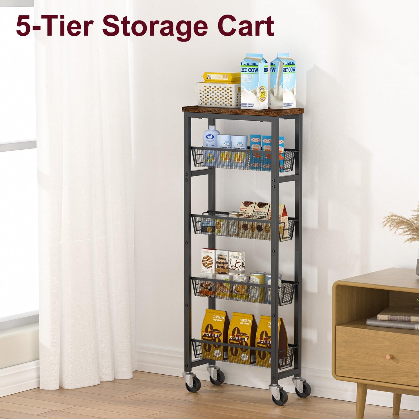 Slim Rolling Cart, 5-Tier Storage Cart, 9.1inch Narrow Kitchen Rolling Cart on Wheels for Small