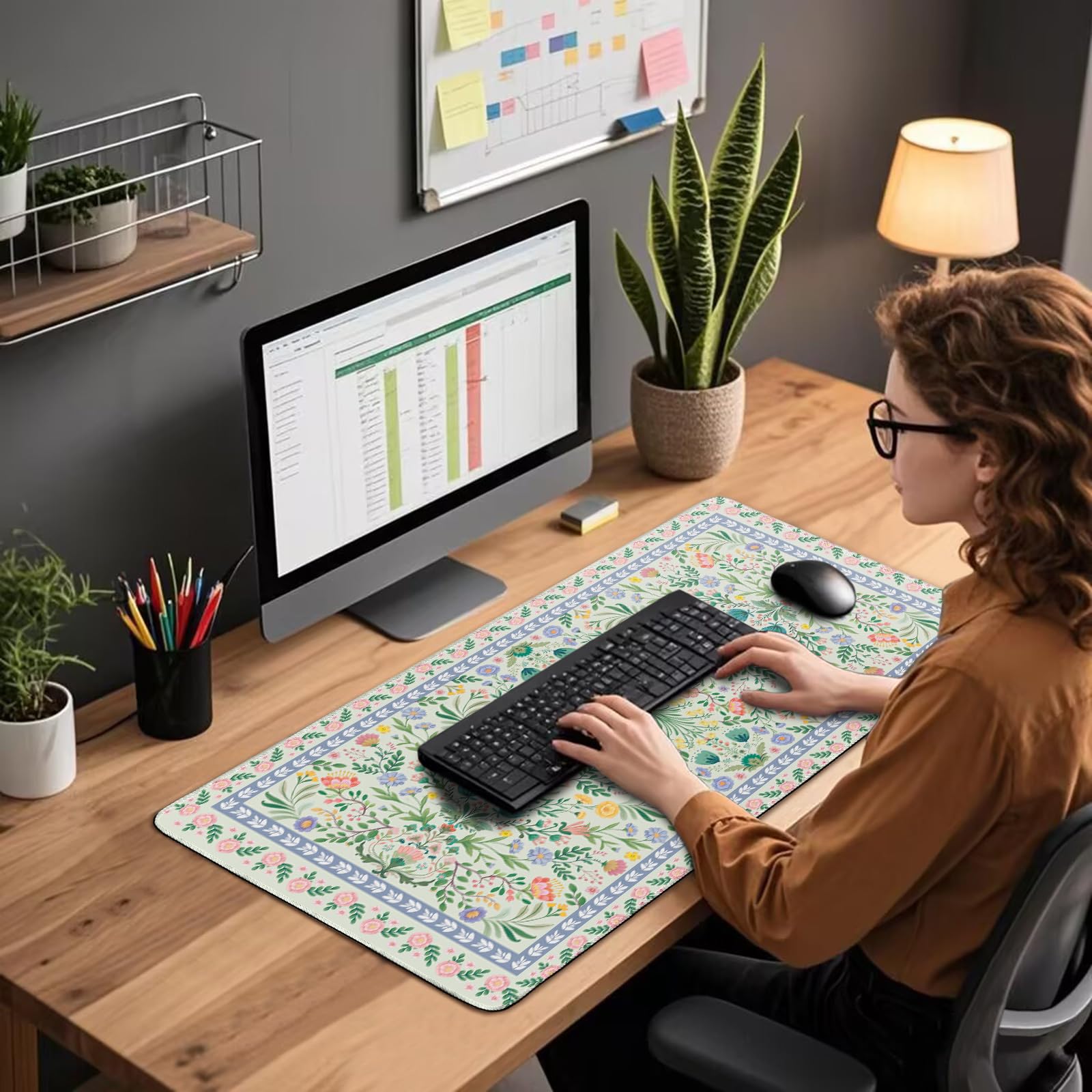 Mcapirivo Green Floral Desk Mat Large Mouse Pad 31.5"x15.7" Non-Slip