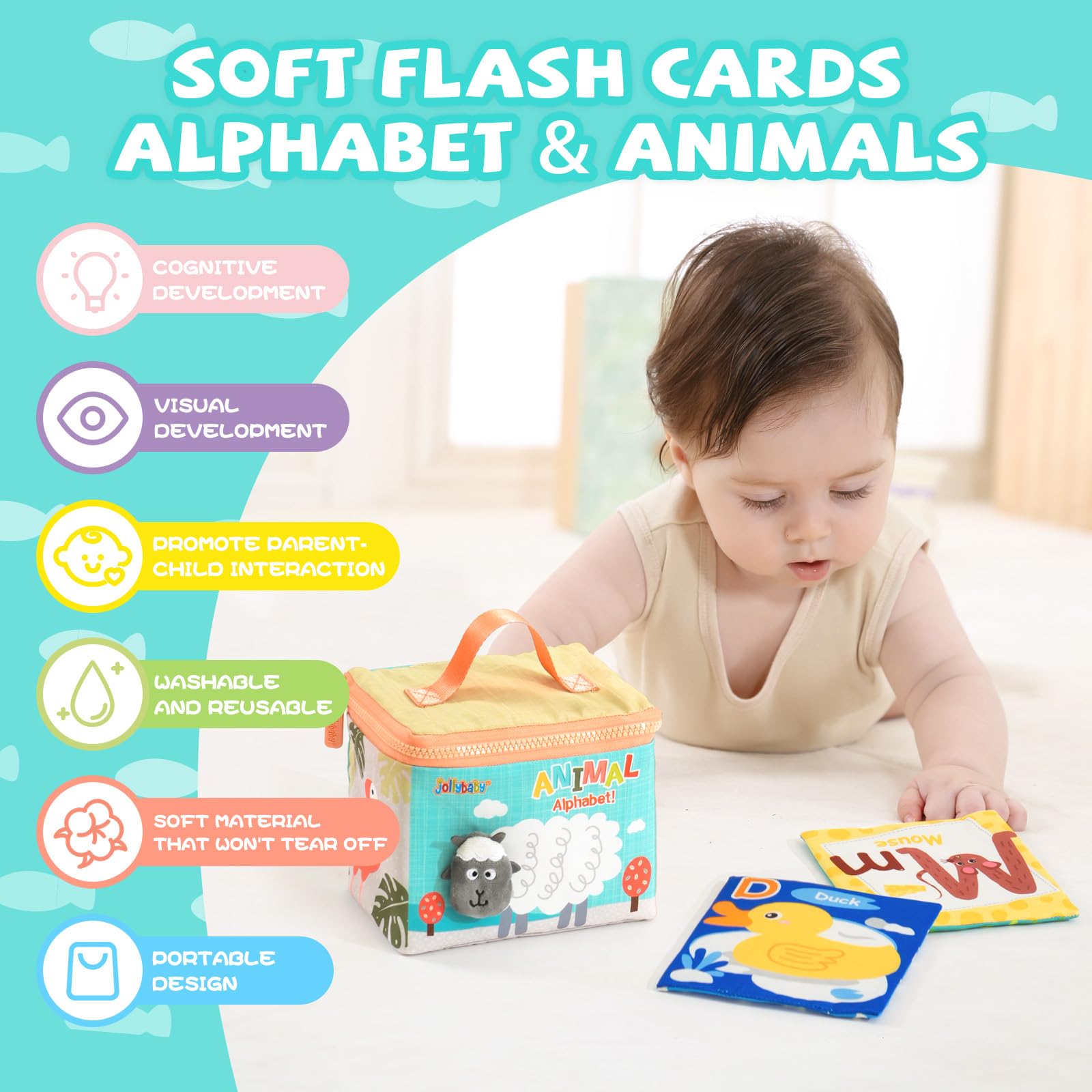 Jollybaby Reusable Soft ABC Alphabet Animal Flash Cards for Baby 0-12 Month