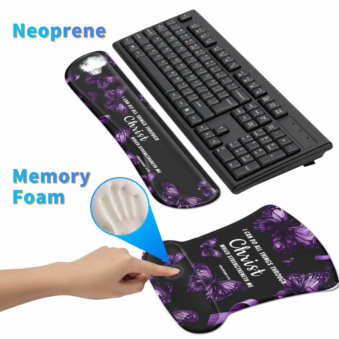 3-in-1 Ergonomic Memory Foam Keyboard Wrist Rest Pad Set, Purple Butterfly