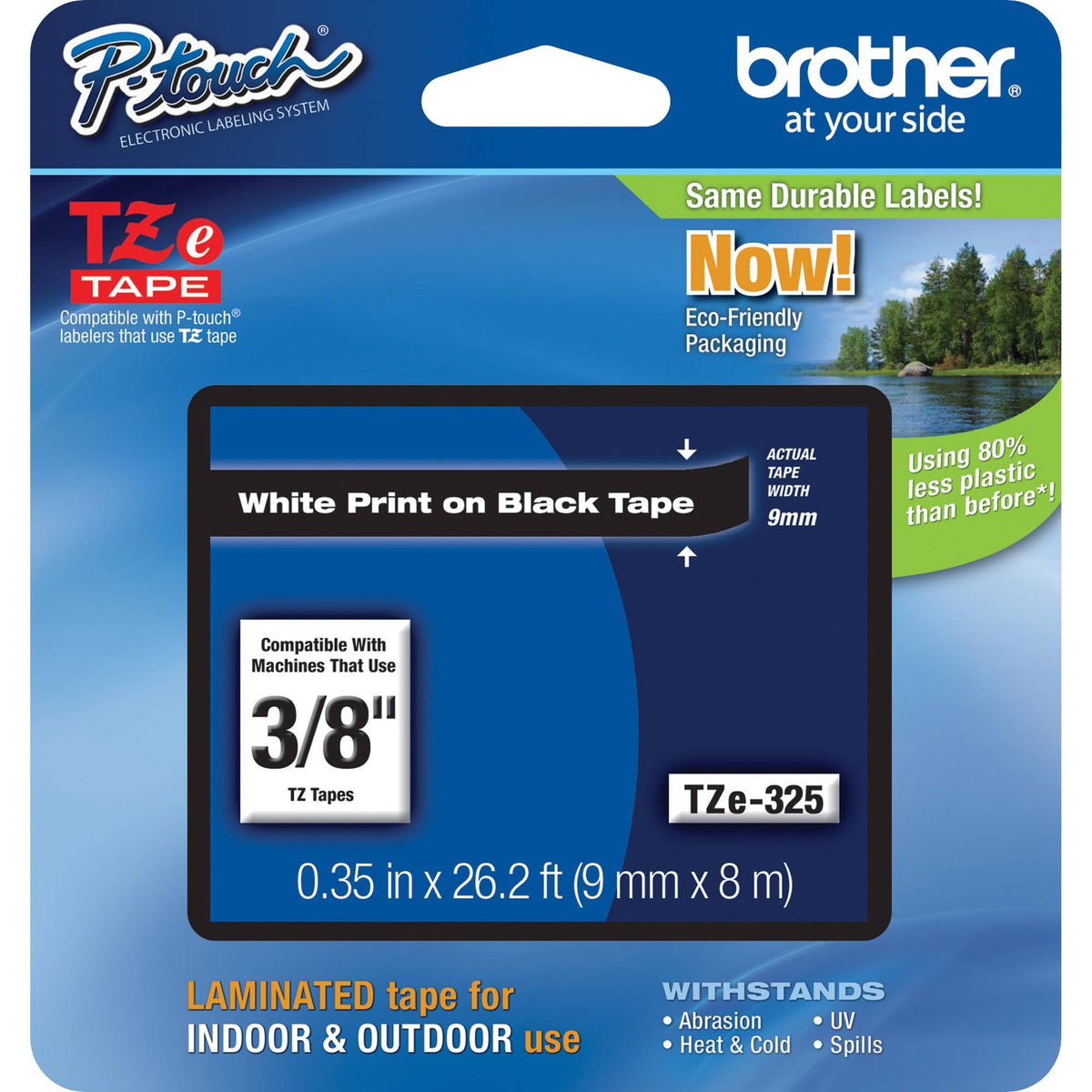 Brother Genuine P-Touch TZE-325, 3/8" (0.35") Wide Standard Laminated Tape, White Print on Black
