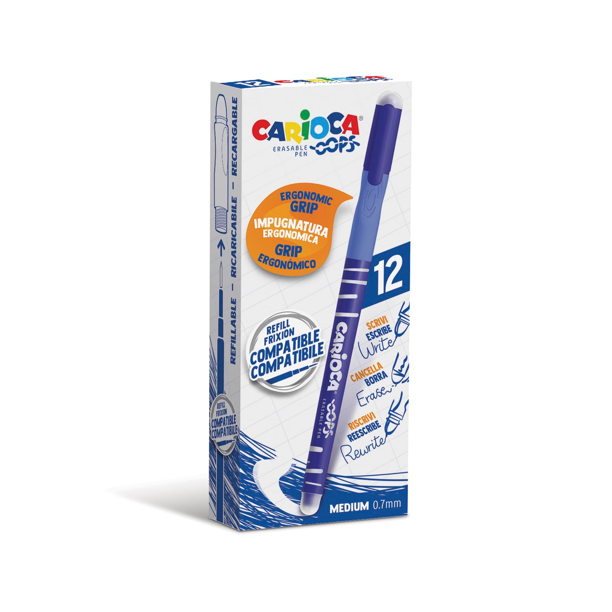 Carioca Oops Blue Pens | Refillable Erasable Pens Set for School and Office with Cap, Double Eraser