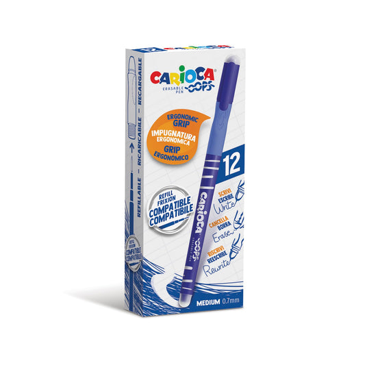 Carioca Oops Blue Pens | Refillable Erasable Pens Set for School and Office with Cap, Double Eraser