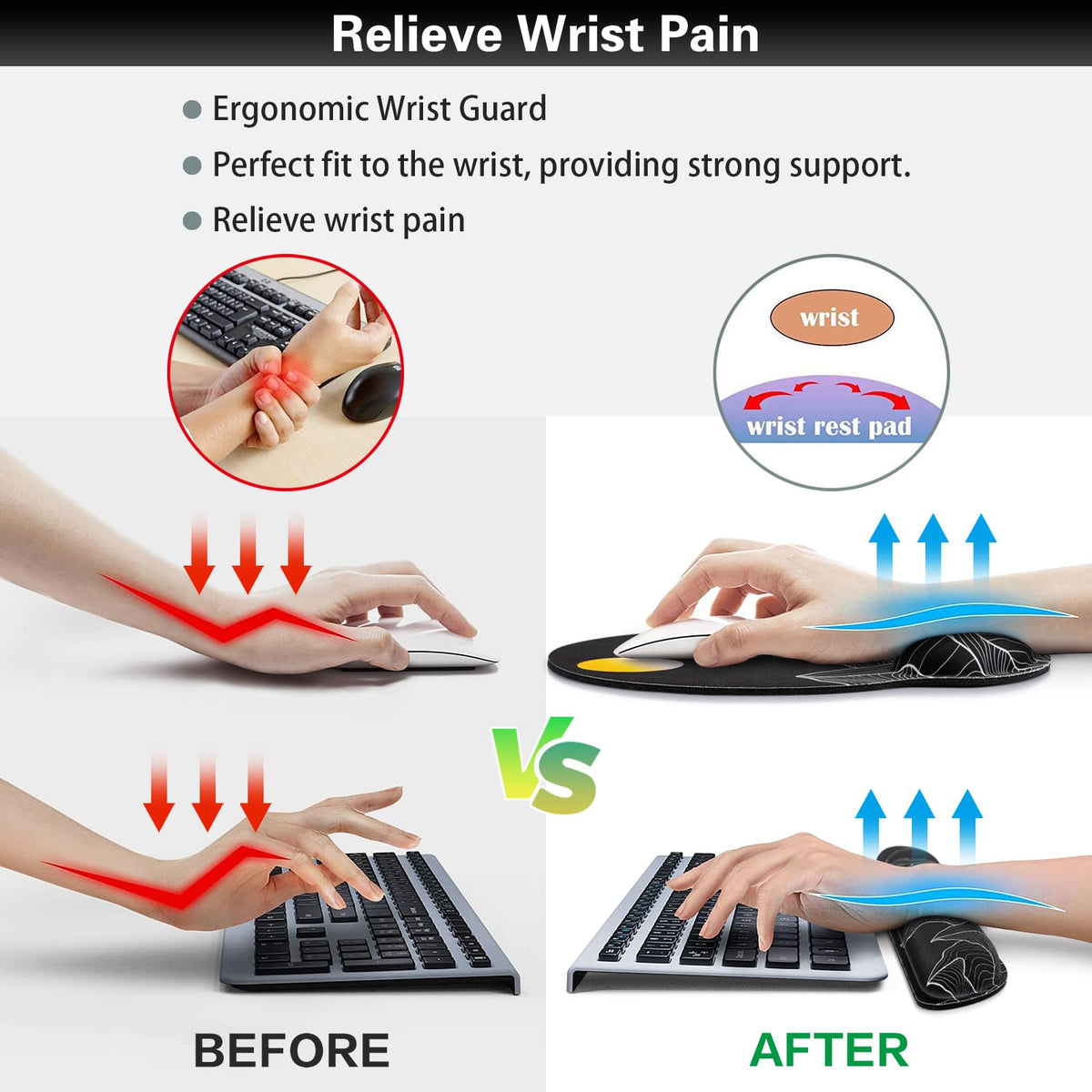 Mouse Pad Black, Ergonomic Keyboard Wrist Rest, Mouse Pad with Wrist Rest