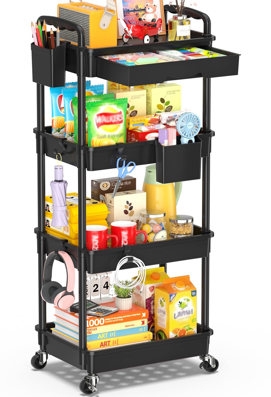SUNALLY 4 Tier Rolling Cart with Drawer, Craft Storage Cart Organizer,Black