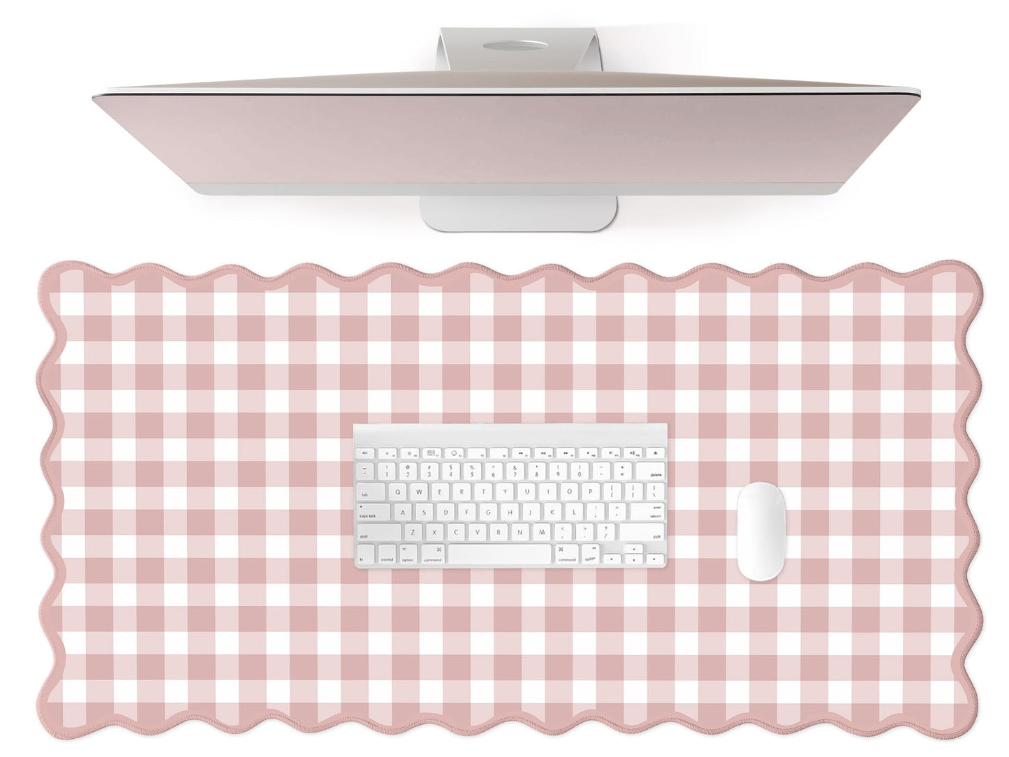 Scalloped‌ Pink Checkered Gingham Desk Mat Cute Pastel Large Mouse Pad Kawaii Cottagecore ‌Vintage‌