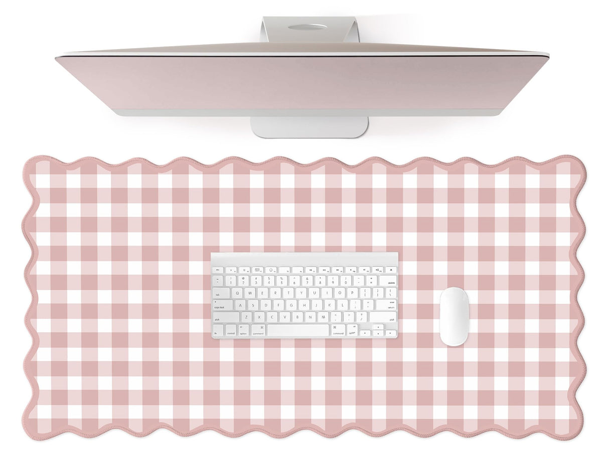 Scalloped‌ Pink Checkered Gingham Desk Mat Cute Pastel Large Mouse Pad Kawaii Cottagecore ‌Vintage‌