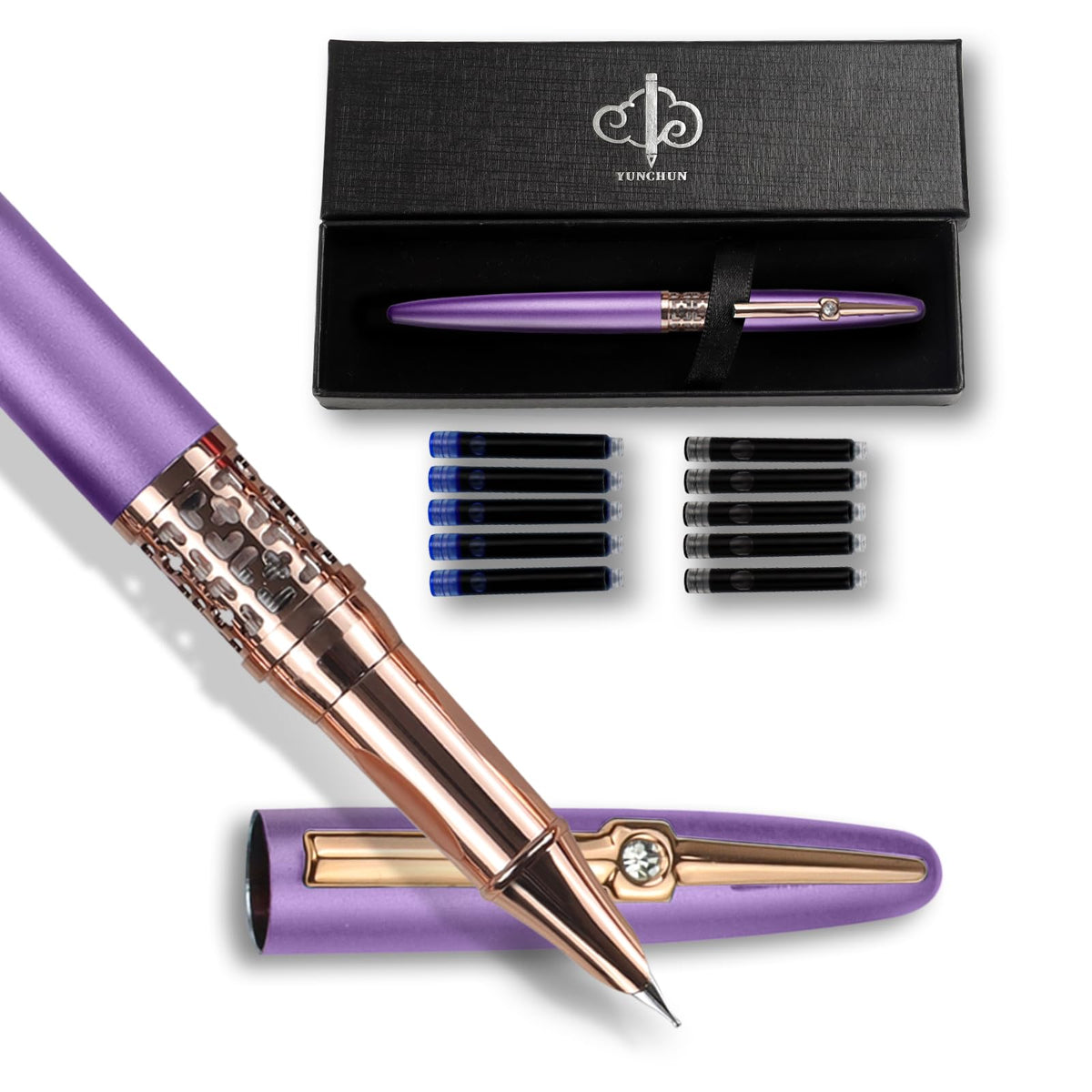 YUNCHUN Refillable Fountain Pen Fine Nib, Fancy Ink Pen with 10 Black & 10 Blue Ink Refills