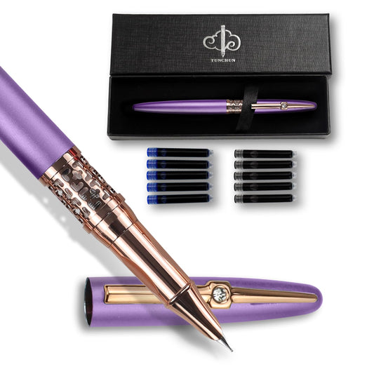 YUNCHUN Refillable Fountain Pen Fine Nib, Fancy Ink Pen with 10 Black & 10 Blue Ink Refills