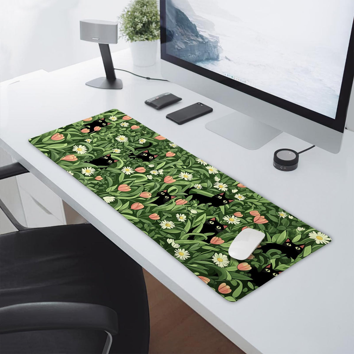 Kawaii Green Plant Gaming Mouse Pad XL Cute Black Cat Flower Cottagecore Extended Big Large Desk