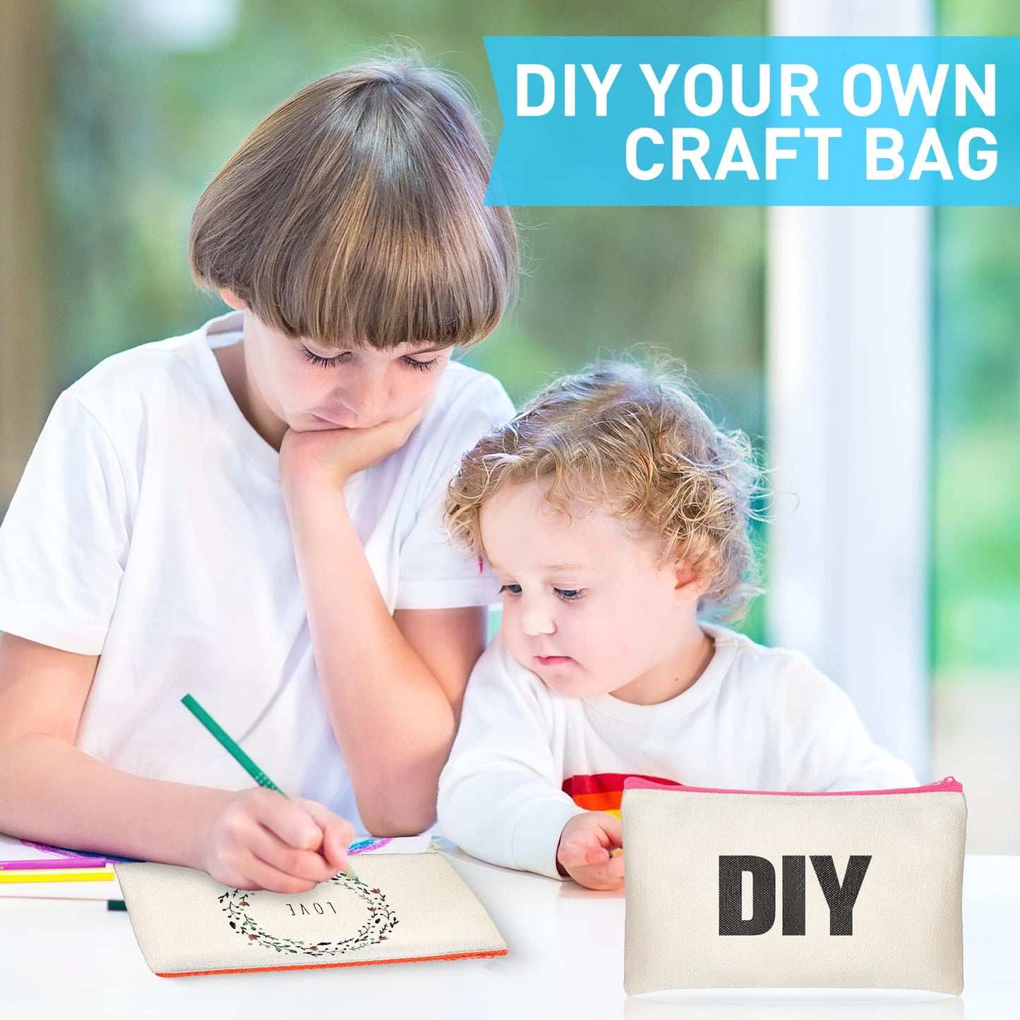 Reginary Canvas Zipper Bags Bulk, Natural with 10 Colorful Zippers, 80 Pack