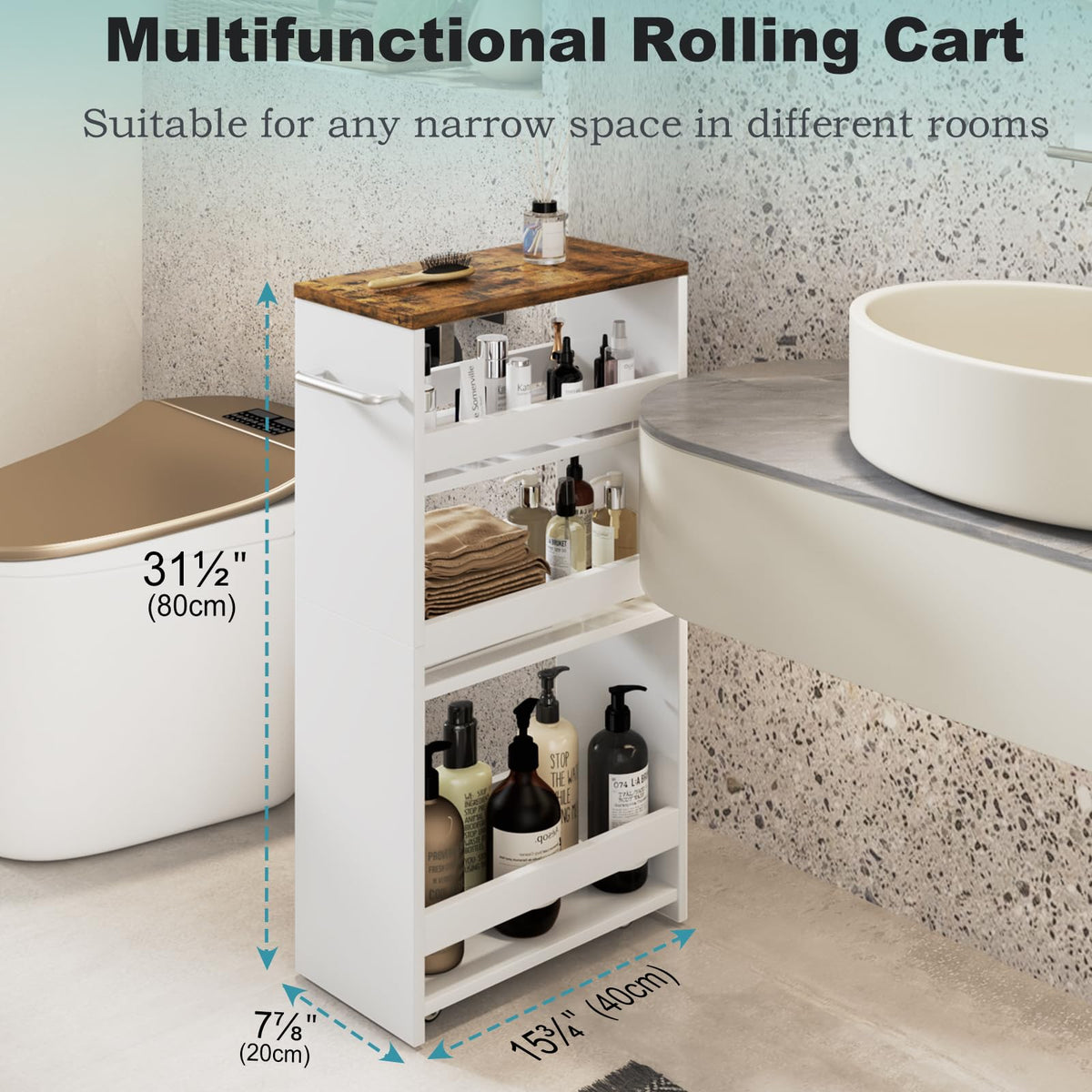 MARTY Slim Rolling Storage Cart 7.9" W Laundry Cart with Wheels,Brown+White