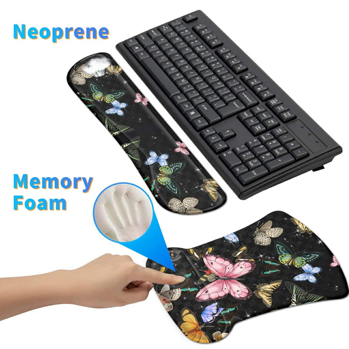 3Pcs Ergonomic Memory Foam Keyboard Wrist Rest Pad Set, Glitter Butterfly