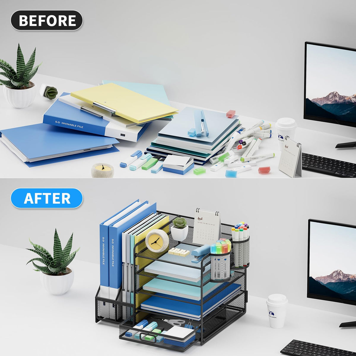 Lavatino Desk Organizer with File Holder, 5-Tier Paper Letter Tray Organizer with Sliding Drawer