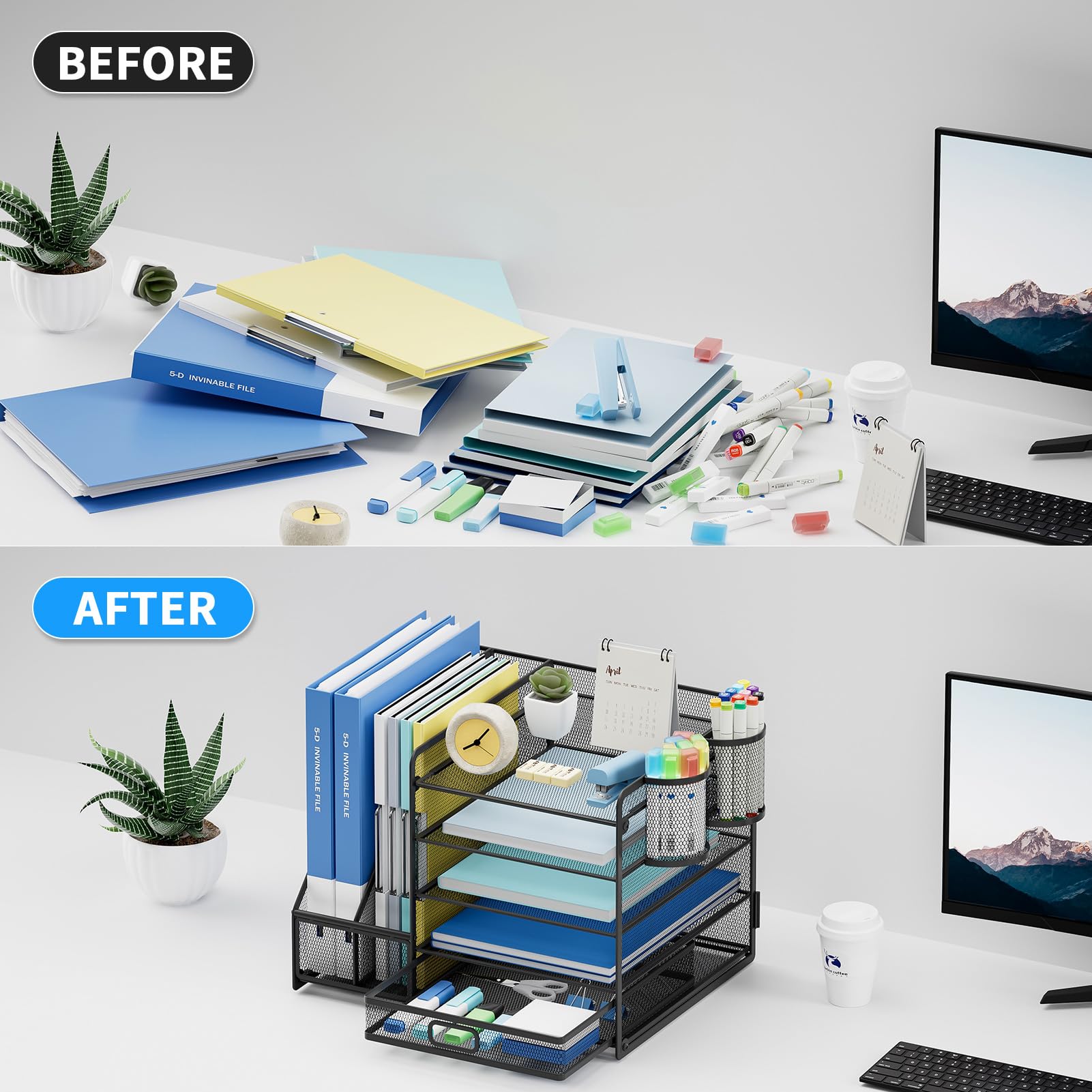 Lavatino Desk Organizer with File Holder, 5-Tier Paper Letter Tray Organizer with Sliding Drawer