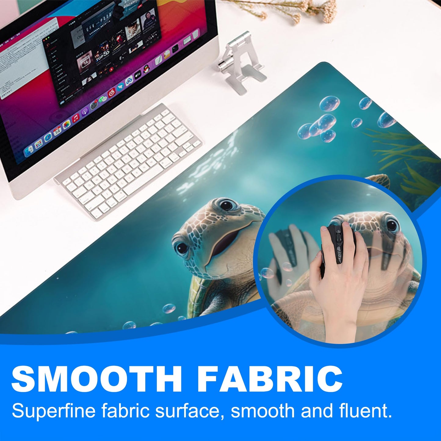 Desk Mat, Cute Turtle Smiling Under The Sea Extended Gaming Mouse Pad Large, 35.4"x15.7" Big Mouse