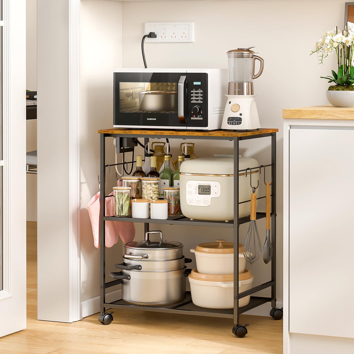 ThreeHio Rolling Kitchen Microwave Cart with Power Outlet, 3 Tier Microwave Table Stand with