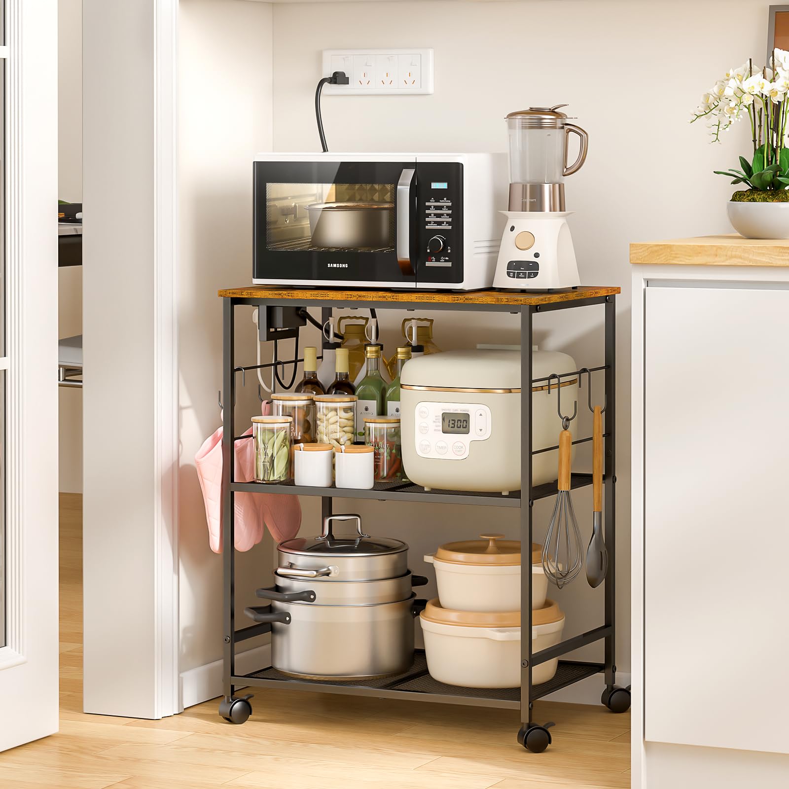 ThreeHio Rolling Kitchen Microwave Cart with Power Outlet, 3 Tier Microwave Table Stand with