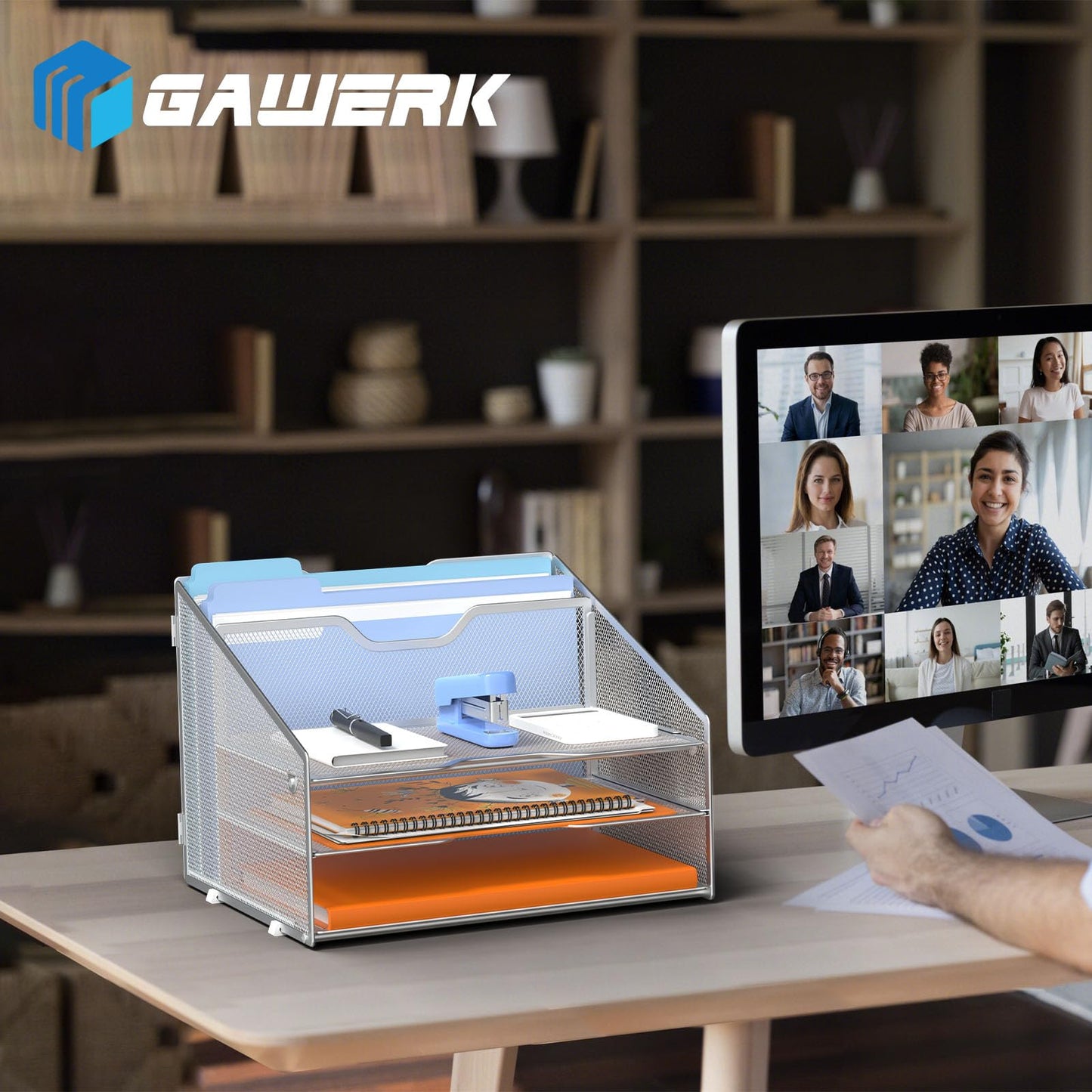 GAWERK Letter Tray Organizer, Mesh Desk File Organizer with 3 Paper Trays and 2 Vertical Upright