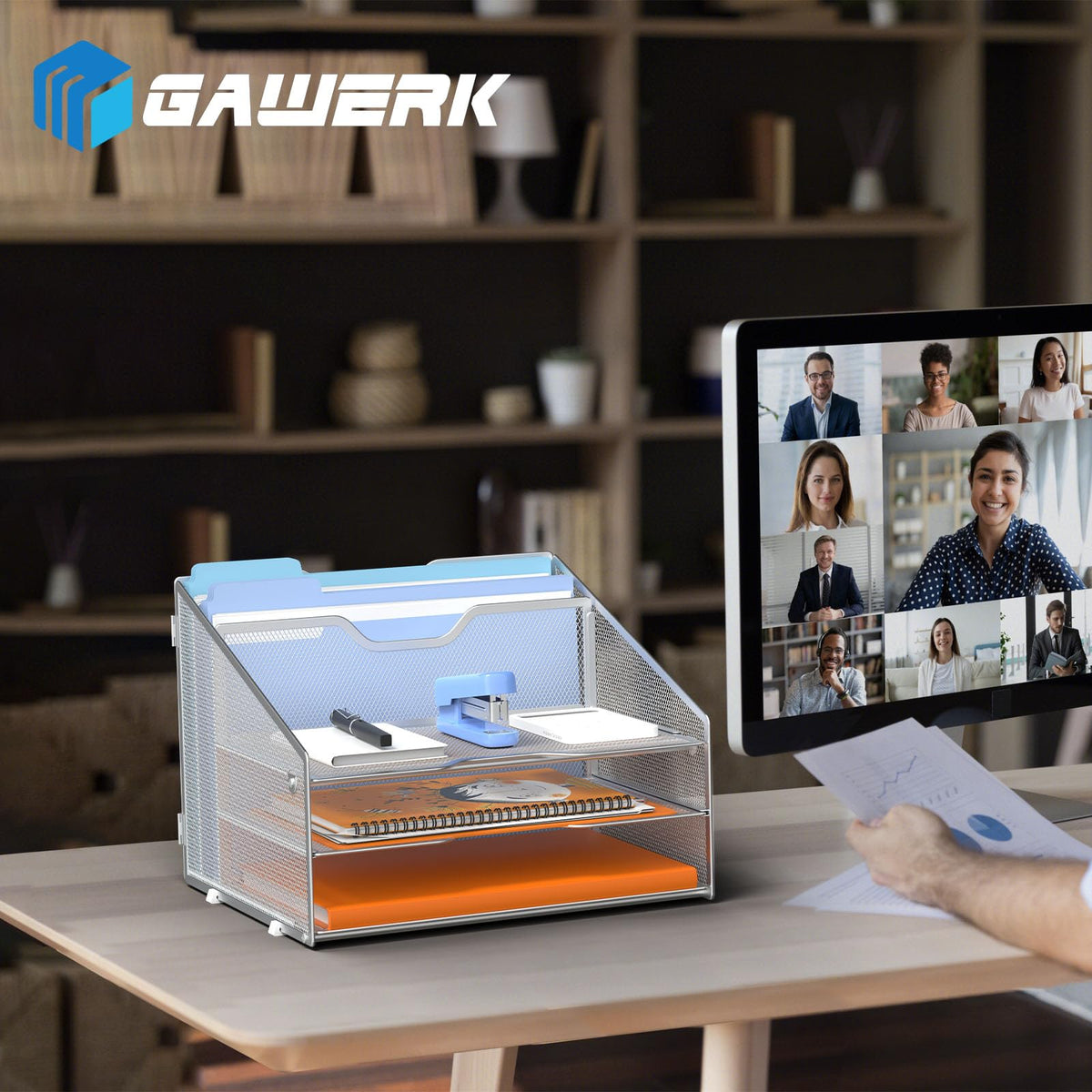 GAWERK Letter Tray Organizer, Mesh Desk File Organizer with 3 Paper Trays and 2 Vertical Upright