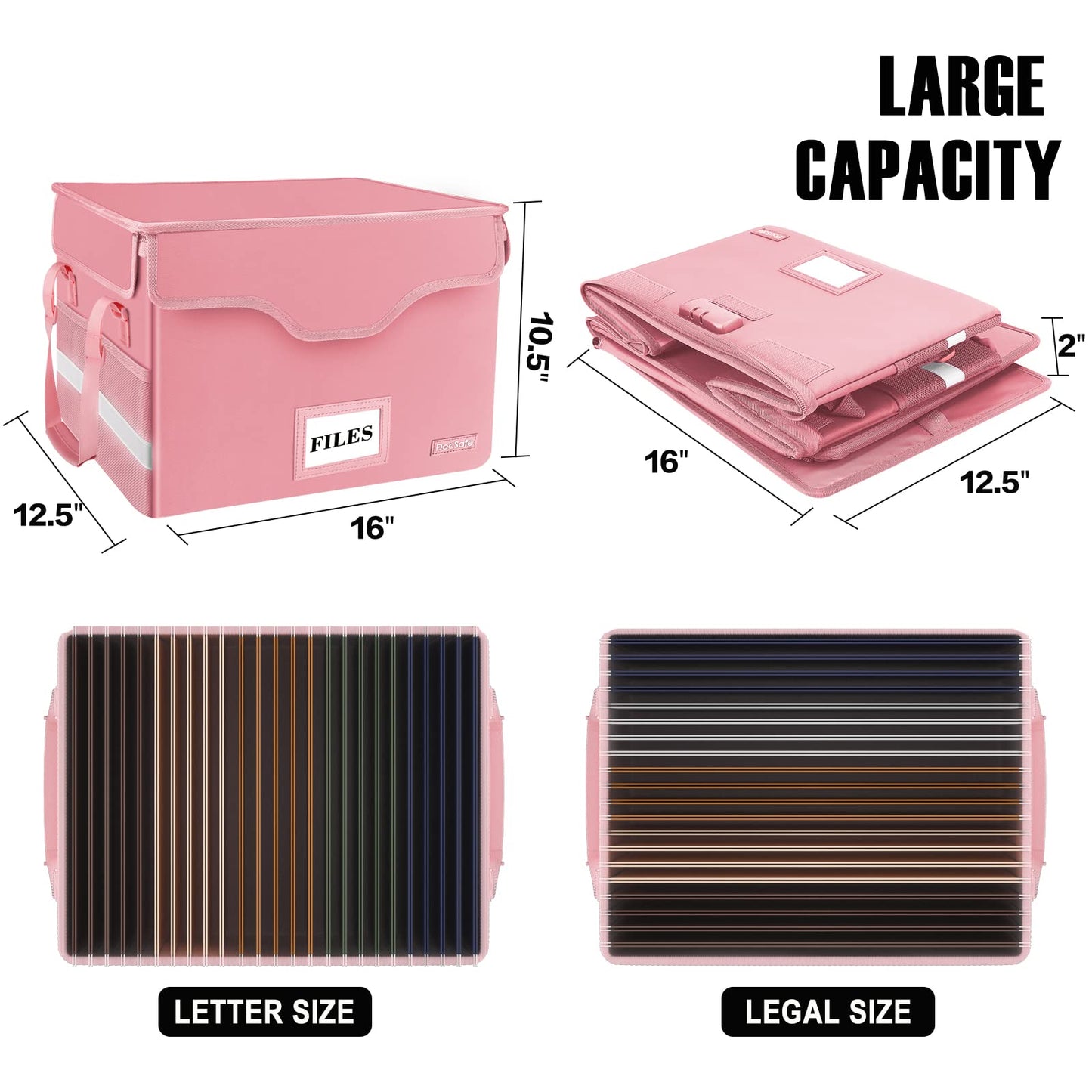 DocSafe Fireproof Document Box with Lock,File Storage Organizer with Zipper Pockets,Collapsible