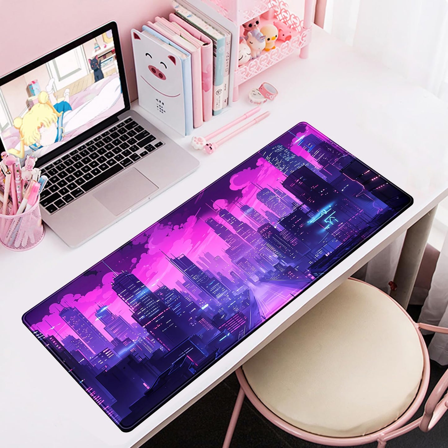 Desk Pad Cyberpunk Purple Desk Mat City Skyline Gaming Extended Mouse Pad Big Office Keyboard Pc