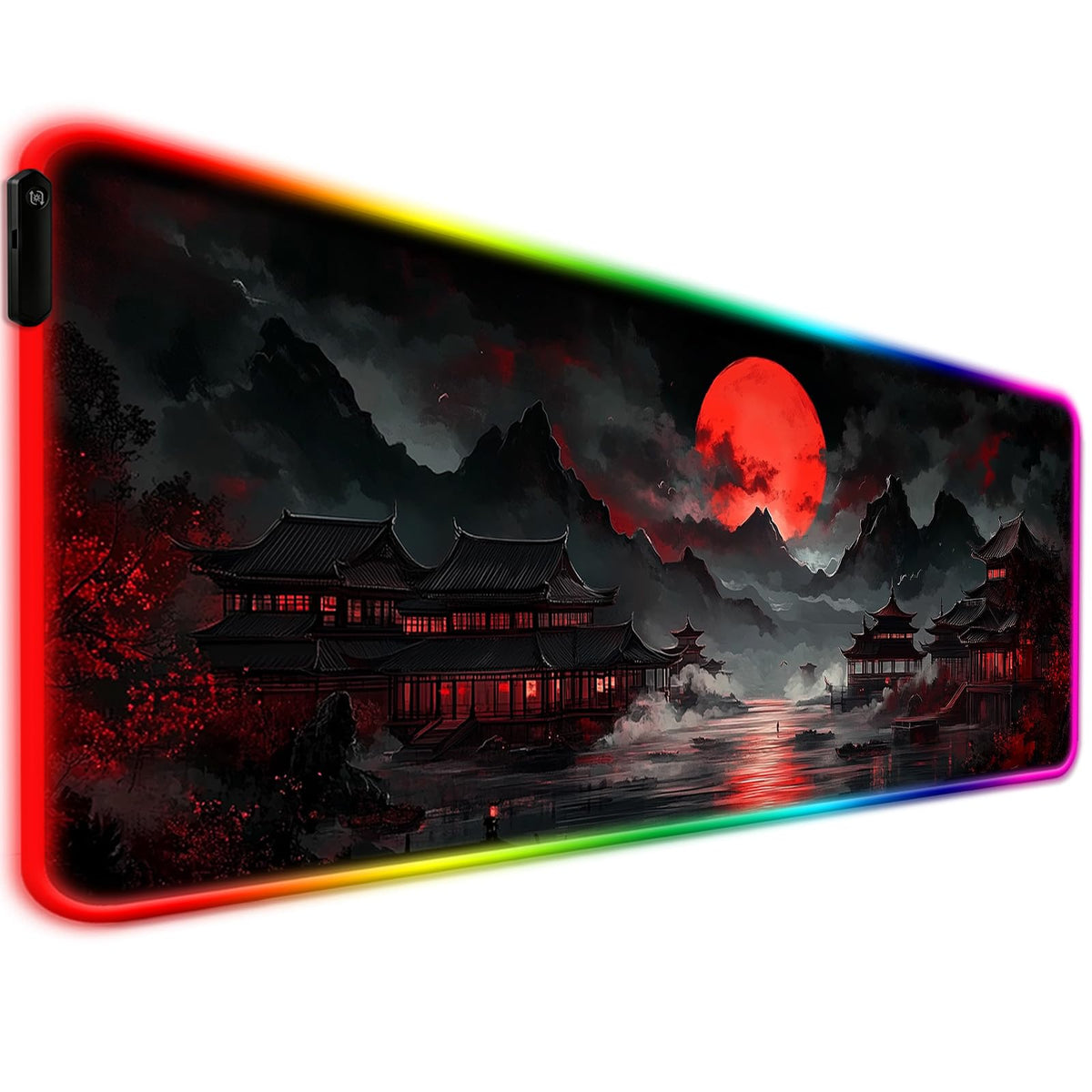 JIANG100 RGB Moonlit Japanese Lake Scene Gaming Desk Mat & Mouse Pad, XL