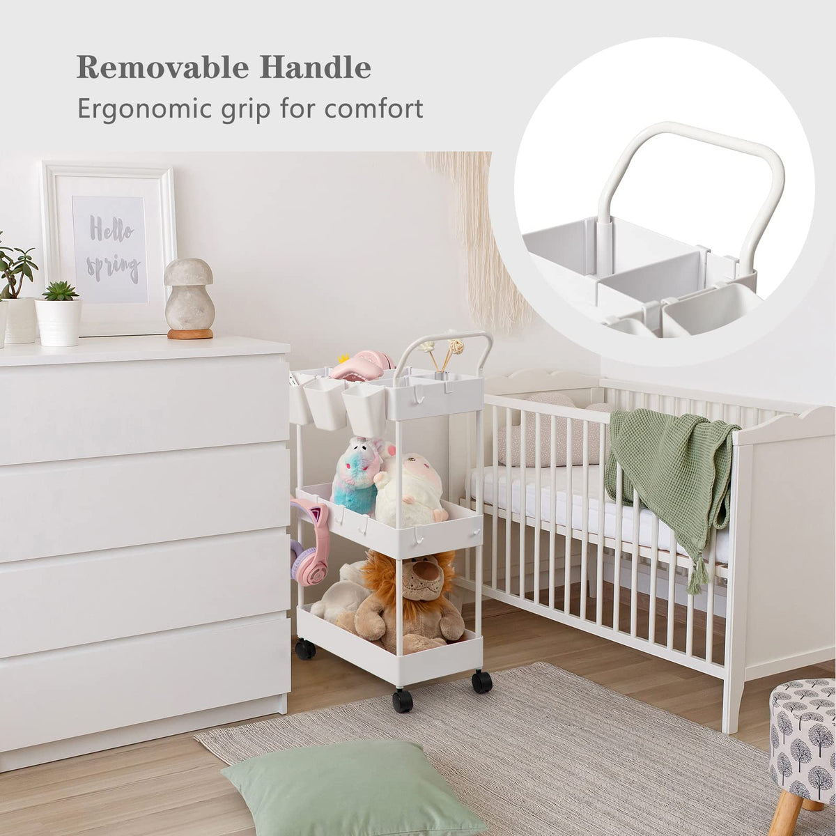 danpinera Storage Cart on Wheels, 3 Tier Slim Laundry with Wheels Bathroom Organizer with Hanging