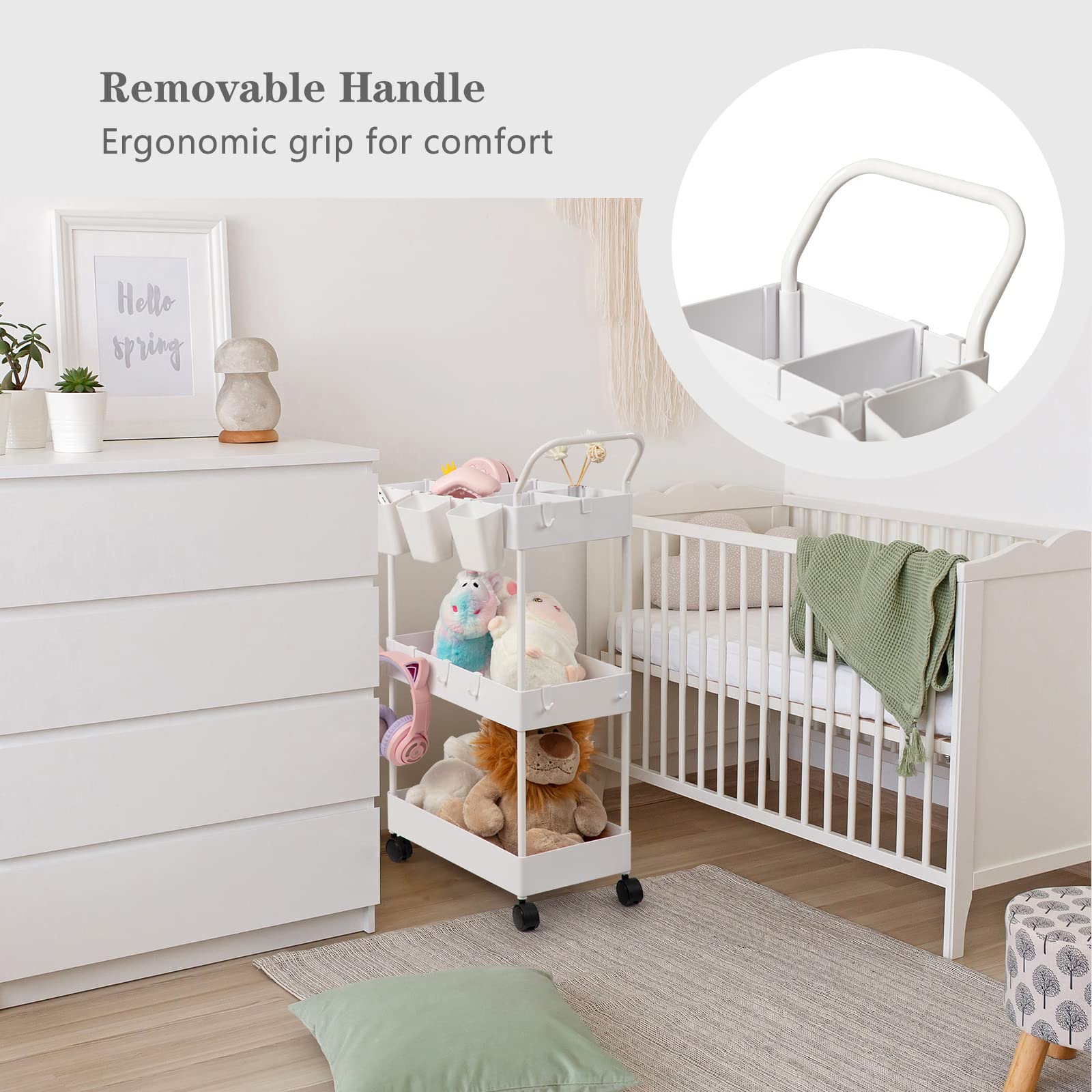 danpinera Storage Cart on Wheels, 3 Tier Slim Laundry with Wheels Bathroom Organizer with Hanging