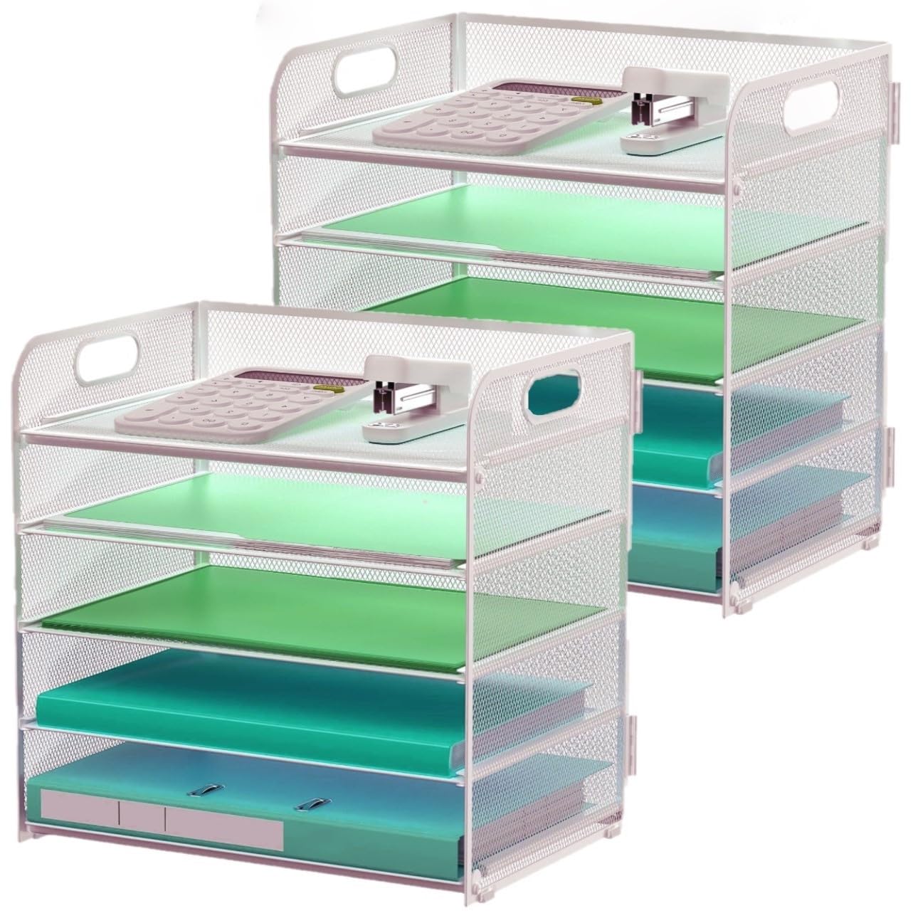 2 Pack Letter Tray 5-Tier Desk Organizer File Paper Holder with Handle, Metal Desktop Document