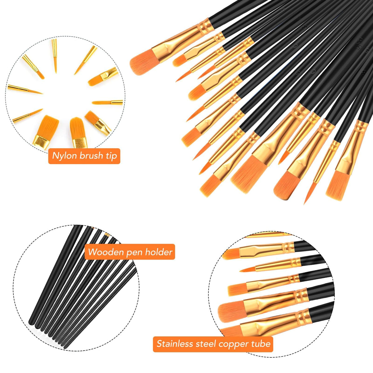 Acrylic Paint Brush Set, 20 Packs/200 pcs Nylon Hair Brushes