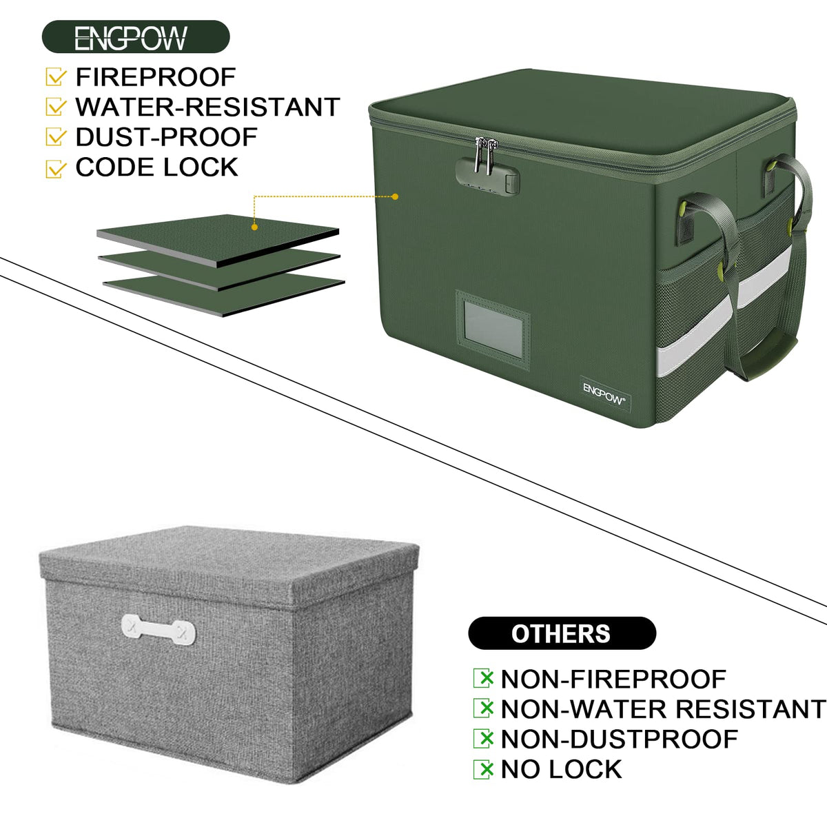ENGPOW File Box with Lock, Fireproof Document Box with Zipper Lid, Collapsible File Storage