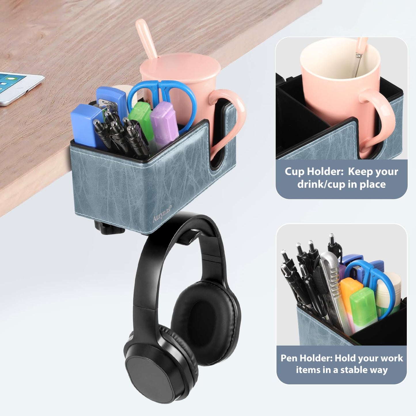 Under Desk Cup Holder Clamp on Cup Holder PU Leather Clip on Desk Organizer