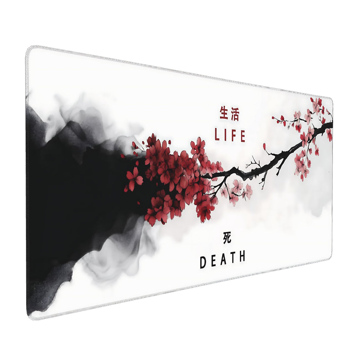 Floral Aesthetic Cherry Blossom Gaming Mouse Pad, Black White Japanese Desk Mat with Anti-Slip Base