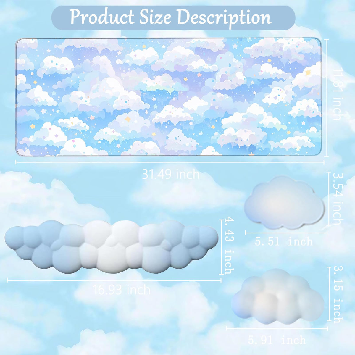 Blue Cloud Mouse Pad and Keyboard Wrist Rest 4PCS Extended Large Stars Desk Mat Pad Set Memory Foam