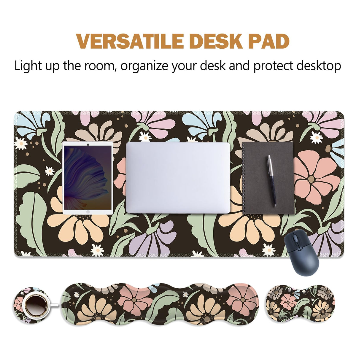 ARTSO Keyboard Wrist Rest Large Mouse Pad Wrist Support,Black Floral 4in1 Keyboard Pad Desk