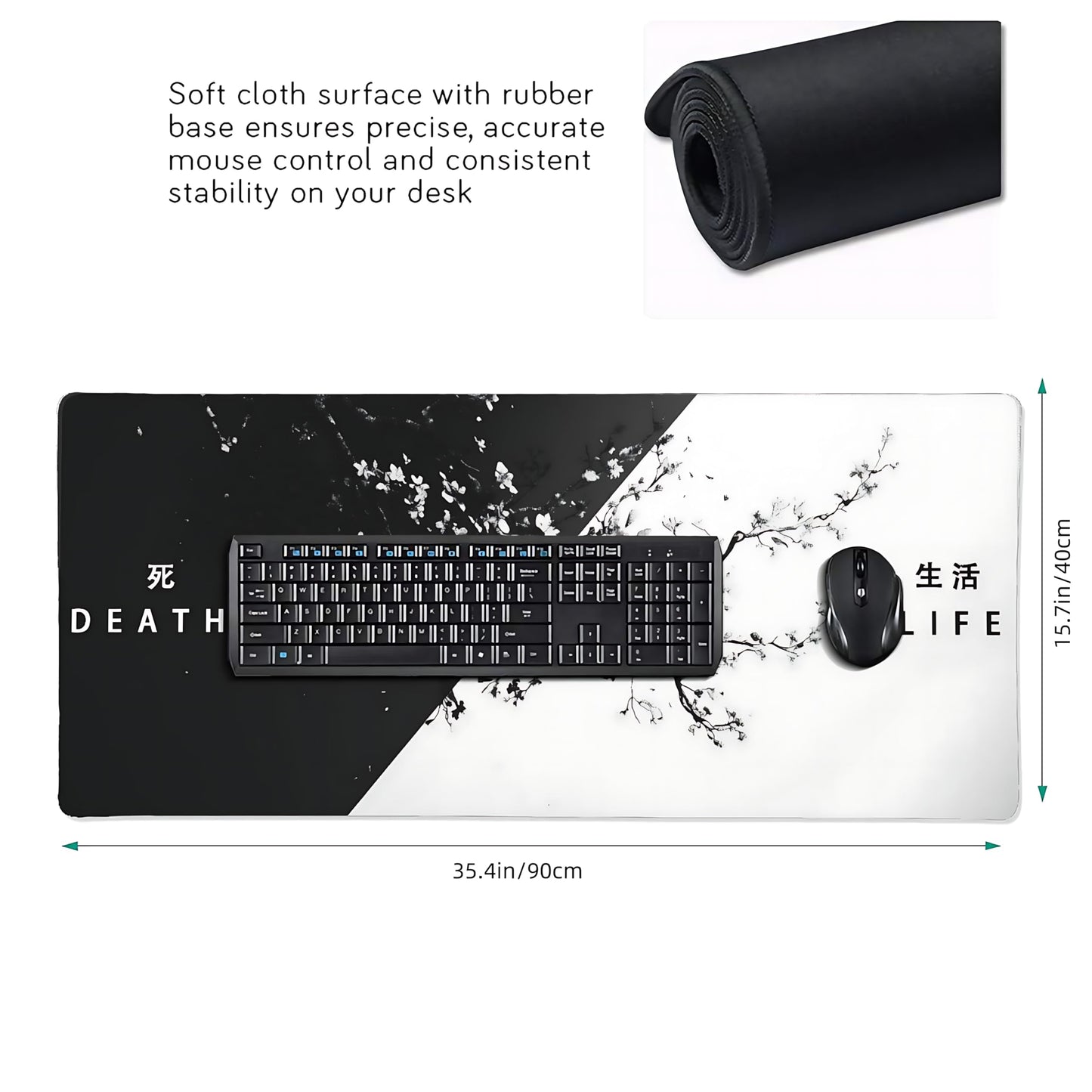 Floral Aesthetic Cherry Blossom Gaming Mouse Pad, Black White Japanese Desk Mat with Anti-Slip Base