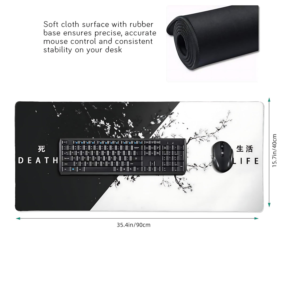 Floral Aesthetic Cherry Blossom Gaming Mouse Pad, Black White Japanese Desk Mat with Anti-Slip Base