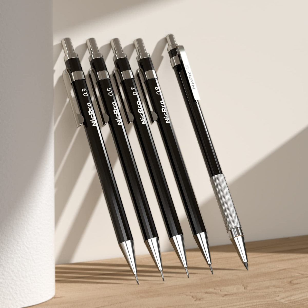 Nicpro 29PCS Black Metal Mechanical Pencil Set in Leather Case, 0.3, 0.5, 0.7, 0.9 & 2mm Lead