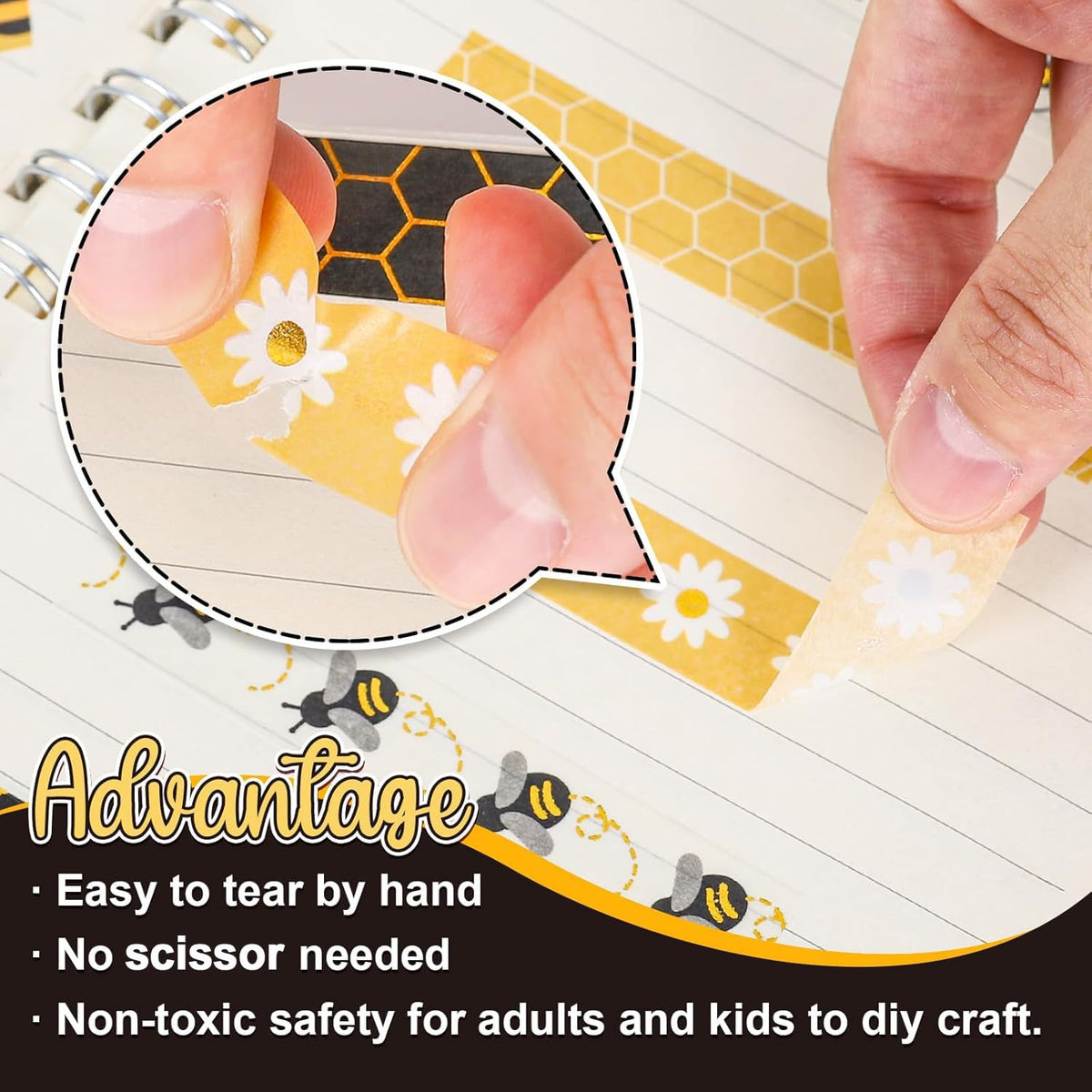 Whaline 12 Rolls Bee Washi Tape Summer Honey Bee Honeycomb Foil Gold Black Washi Masking Tape
