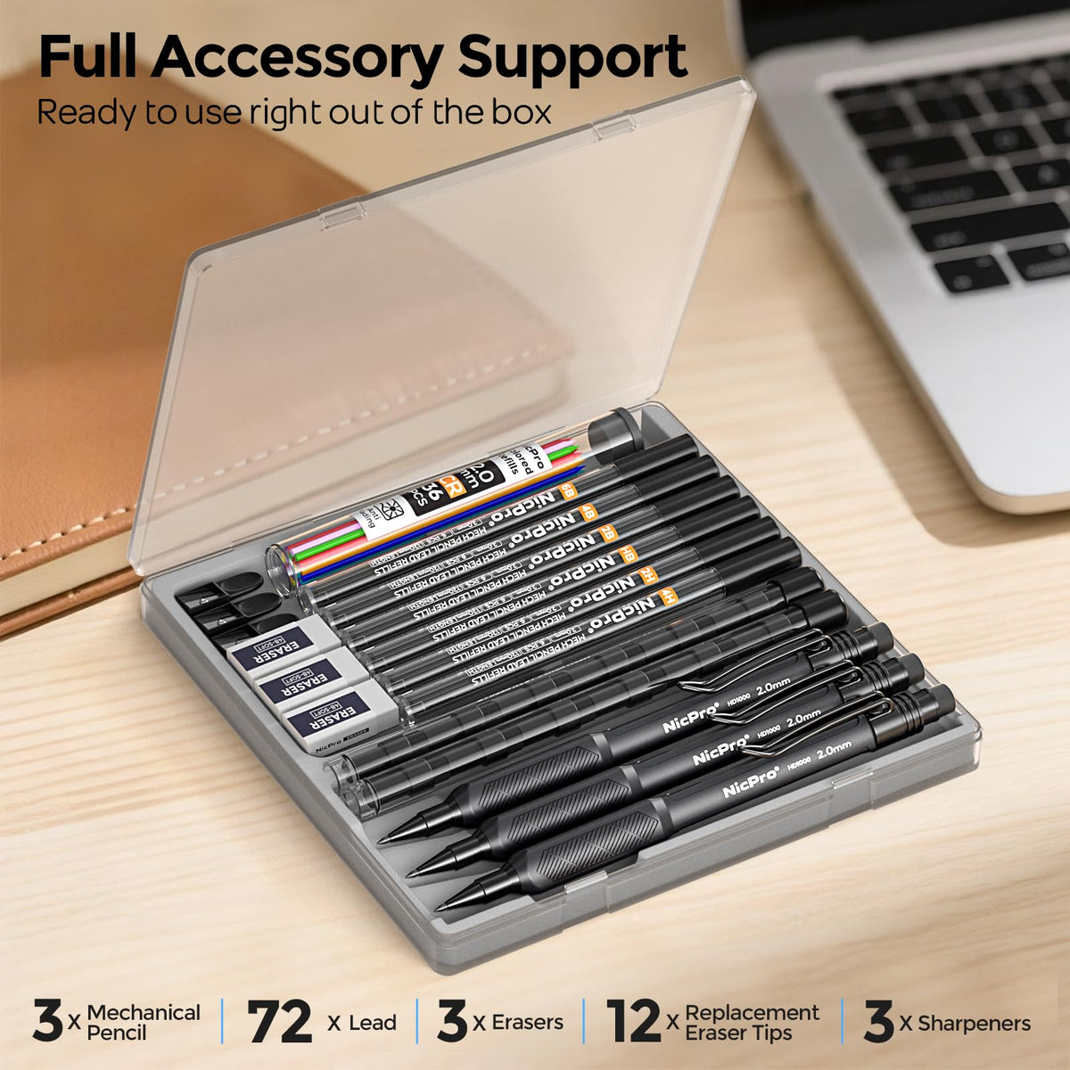 Nicpro 2.0 mm Mechanical Pencil Set, 3PCS Artist Lead Pencil Holder 2mm with 72PCS Lead Refills (4H