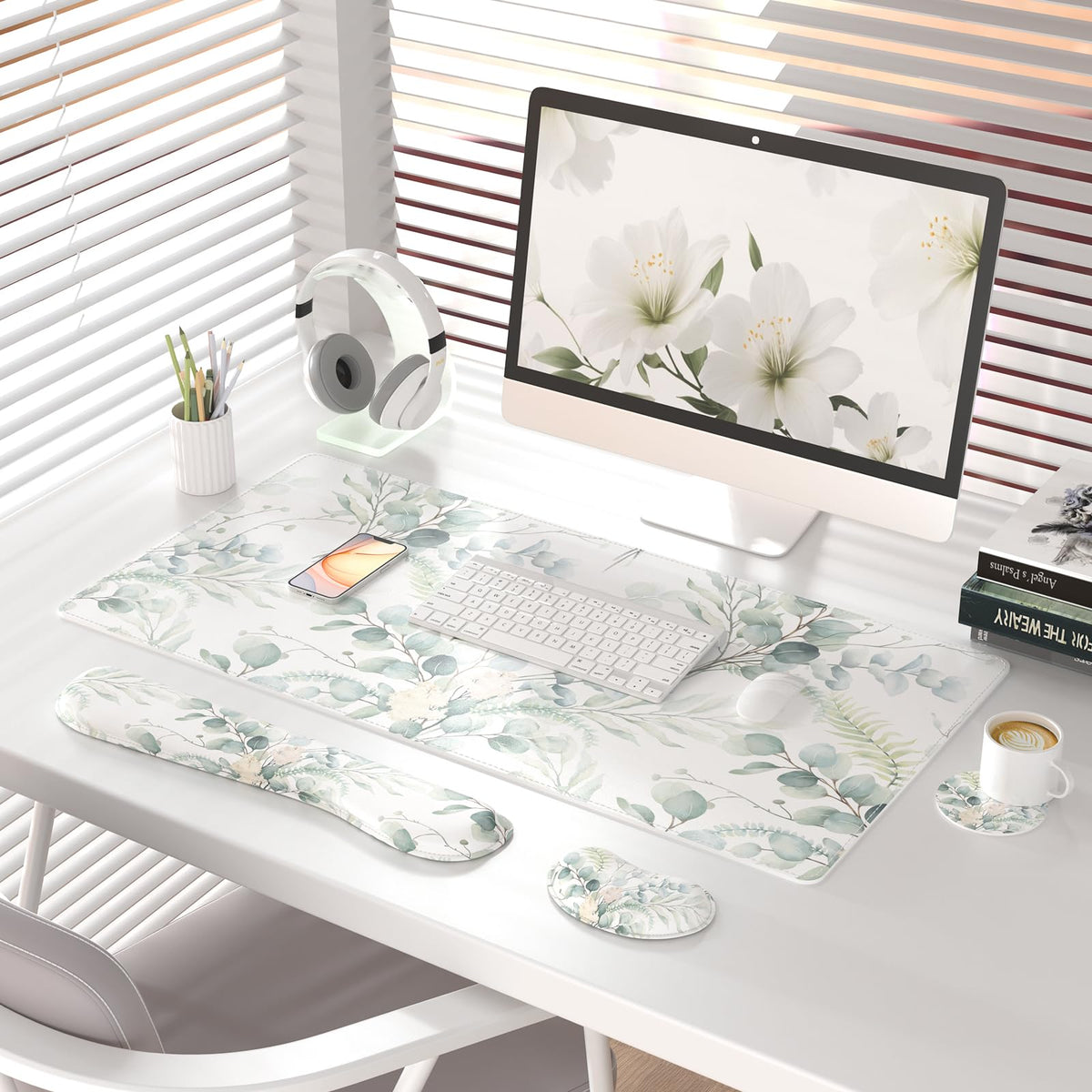 QiyI PU Leather Desk Mat Set, 4-in-1 Ergonomic Wrist Rest, Eucalyptus Leaf