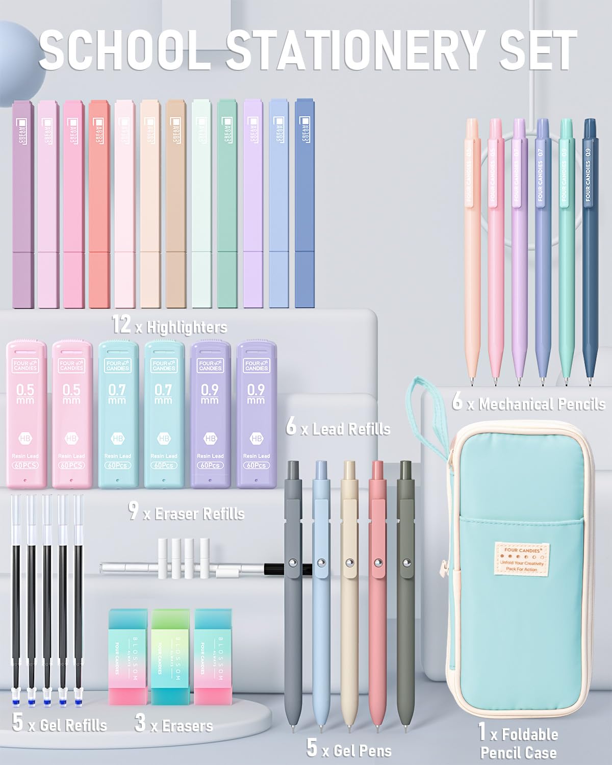 Four Candies School Supplies with Cute Pencil Case, 39ct, Blue
