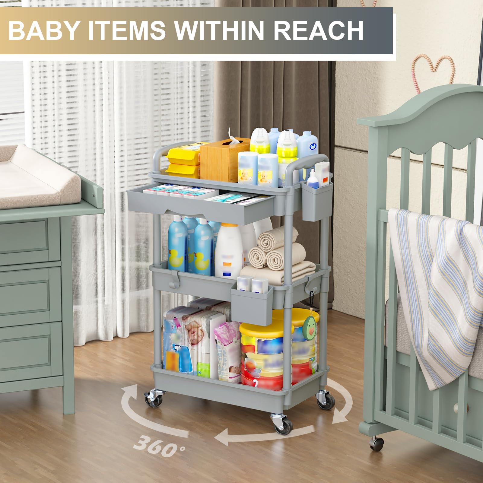 Goovilla 3 Tier Rolling Utility Cart Organizer with Removable Drawer, Grey