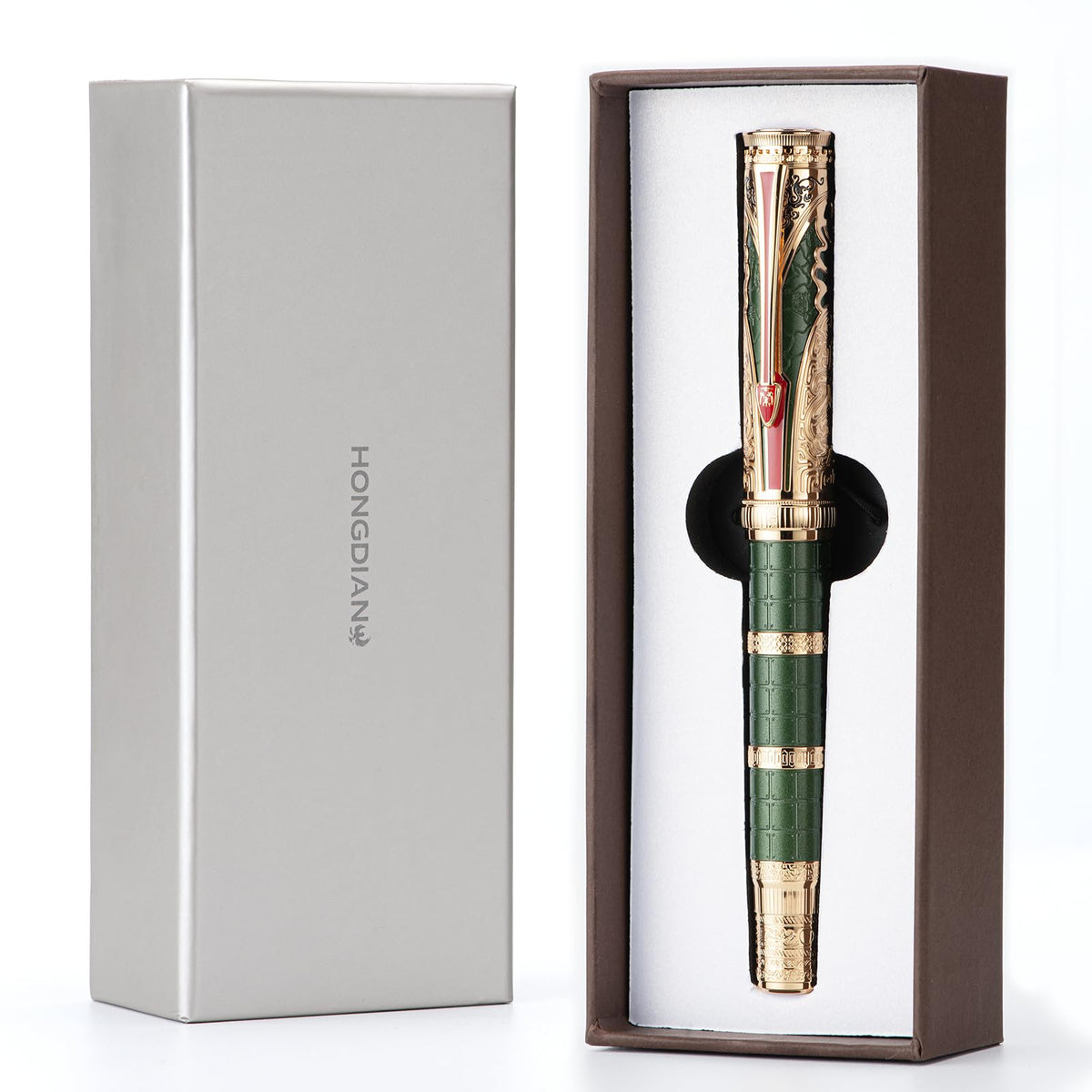 HONG DIAN D5 Qin Dynasty Fountain Pen Green Gold, Fine Nib Piston Filling Pen, Retro Chinese Totem